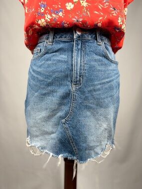 Garage High Waisted Denim Mini Skirt Distressed Raw Hem Blue Jean Skirt XS